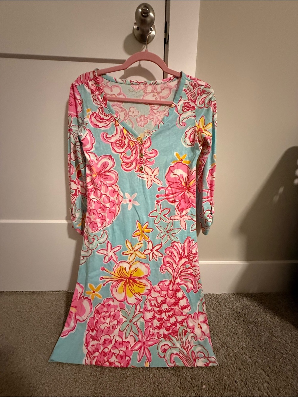 Lilly Pulitzer Floral V-Neck Dress in Aqua and Pink